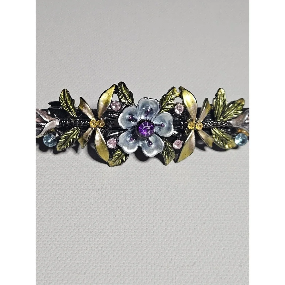 Vintage Style Floral Barrette Purple Rhinestone Crystal Enamel Flower Leaf Clip